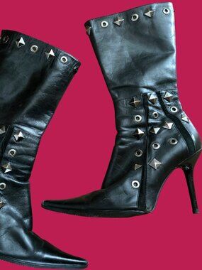 Y2K Black Leather Studded Pointed Toe Moto Boots size 38 US 8 Stiletto Punk